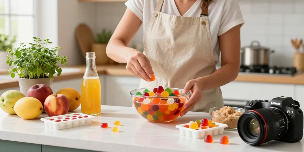 Delicious CBD Gummies being prepared with organic ingredients in a bright kitchen with fresh fruits and natural light, showcasing the essence of health and wellness.