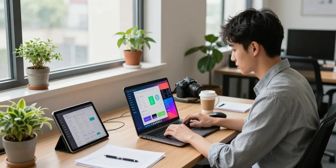 Young professional exploring the best AI tools in a contemporary tech workspace filled with devices and productivity items.