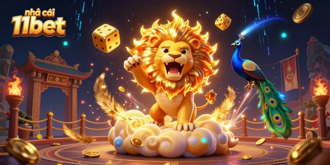 Engage with vibrant nhà cái 11bet visuals featuring a roaring sun lion amidst casino elements.