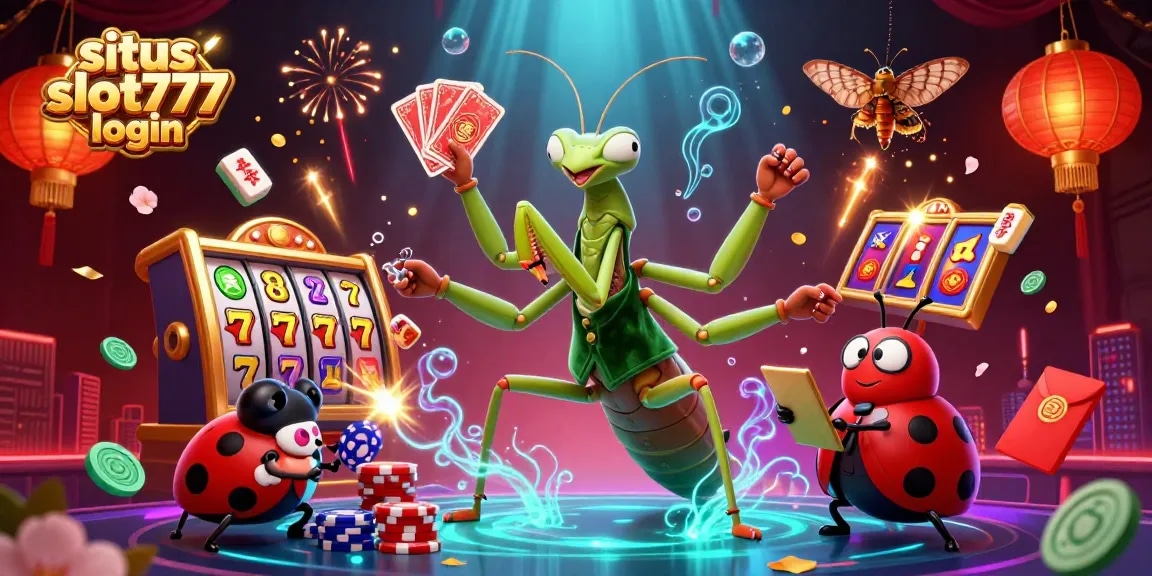 Experience the excitement of situs slot777 login with a vibrant 3D illustration of casino thrills and characters.