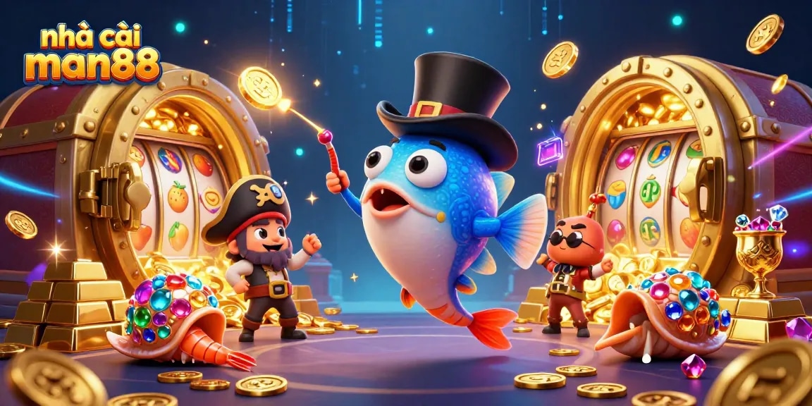 nhà cái man88 showcases thrilling golden treasure with vibrant casino elements in a 3D illustration