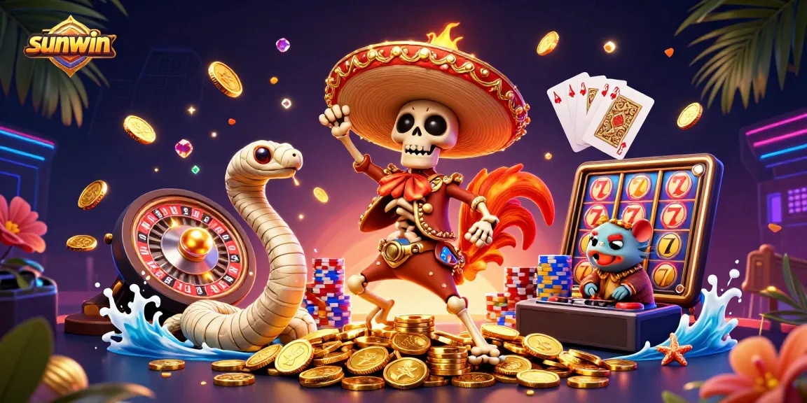 Win big with sunwin! Enjoy a vibrant casino scene featuring a dancing mariachi rooster, golden coins, and a DJ hamster.