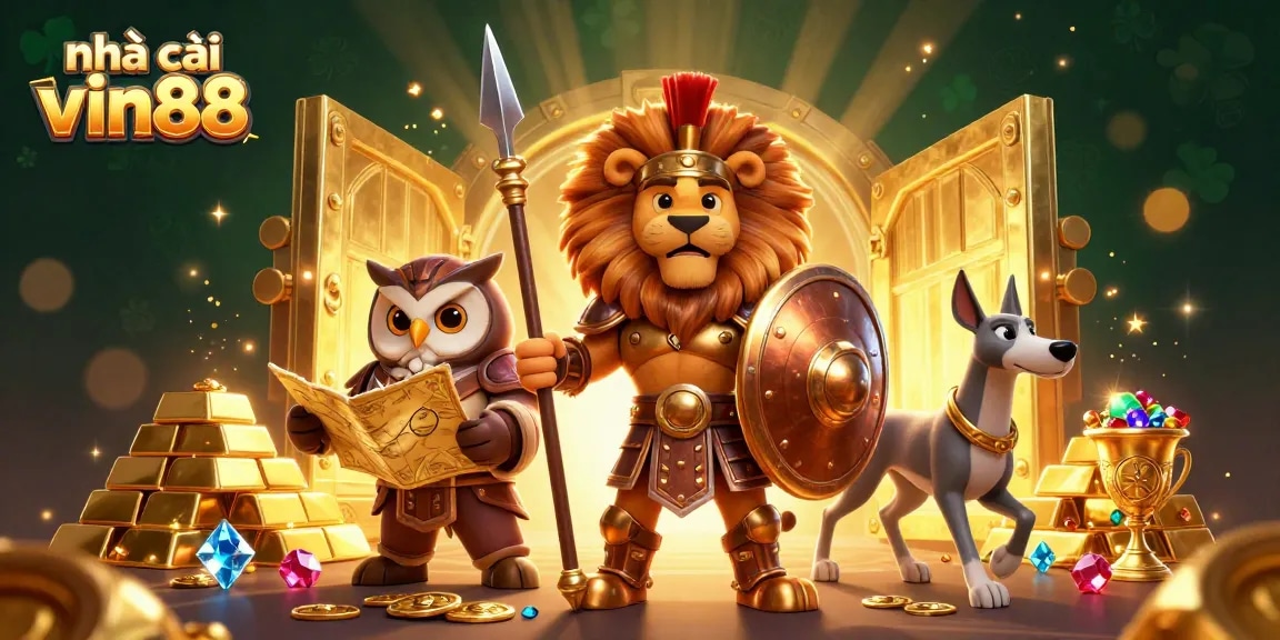 nhà cái vin88 showcases excitement with a vibrant 3D scene filled with riches and strategy elements.