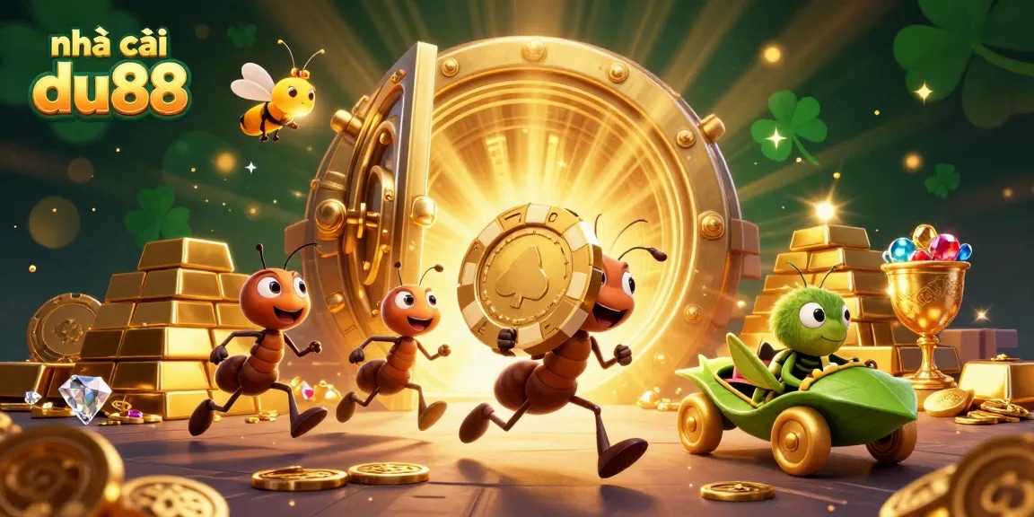 nhà cái du88 showcases a vibrant casino heist scene with 3D ants and golden treasures