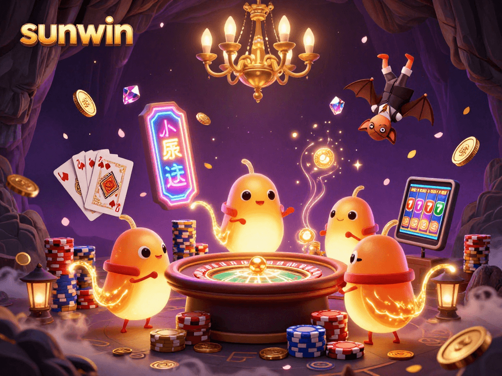 Experience thrilling adventures at sunwin with glowworms lighting up a vibrant cave casino atmosphere.