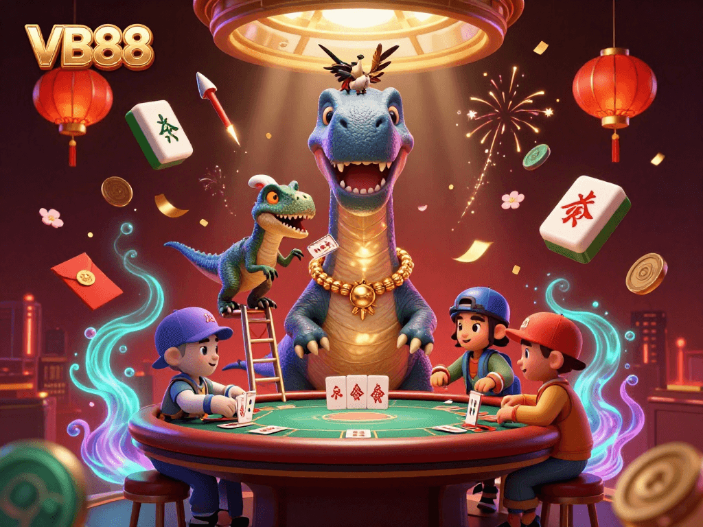 Experience the thrilling world of VB88 with a unique casino illustration featuring a dinosaur and raptor dealers.