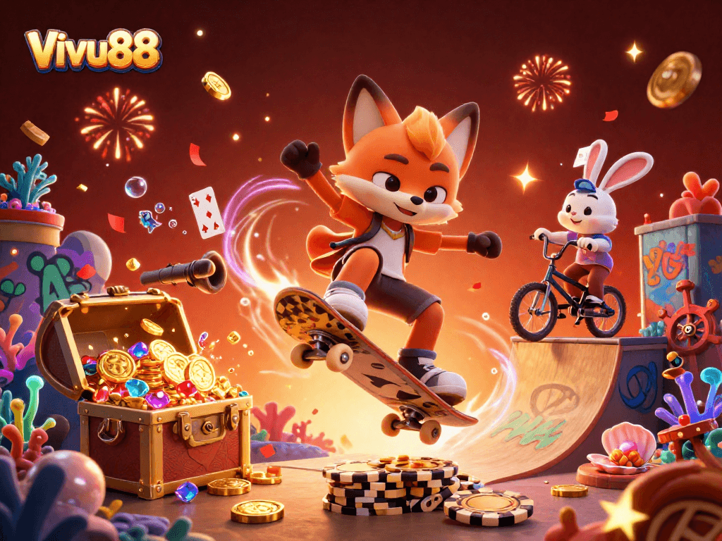 Experience thrilling action in Vivu88 with a kickflipping fox and BMX-riding rabbit amidst casino-themed elements.
