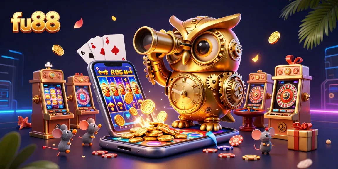Experience fun at fu88, with a vibrant 3D casino scene featuring a golden owl and exciting gaming elements.