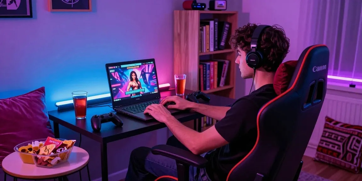 Gameplay of porngames in a cozy, vibrant adult gaming setup.