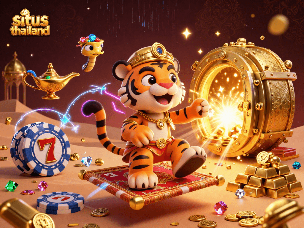Play exciting slots at situs thailand with a cartoon-style sultan, magic genie, and treasure.