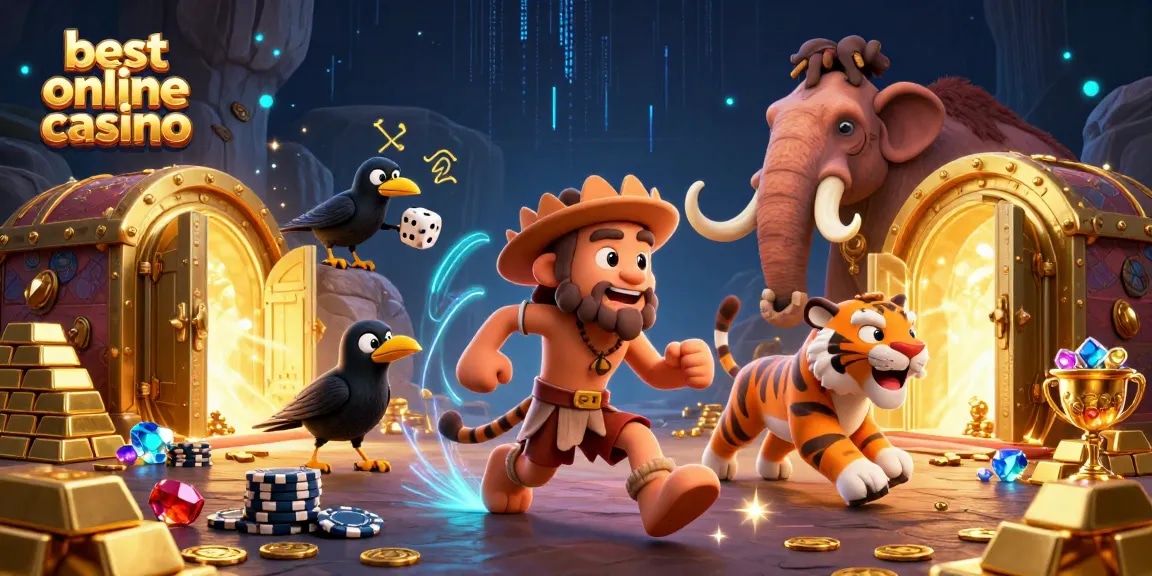 Experience the excitement at the best online casino with caveman and tiger characters in a vibrant scene.