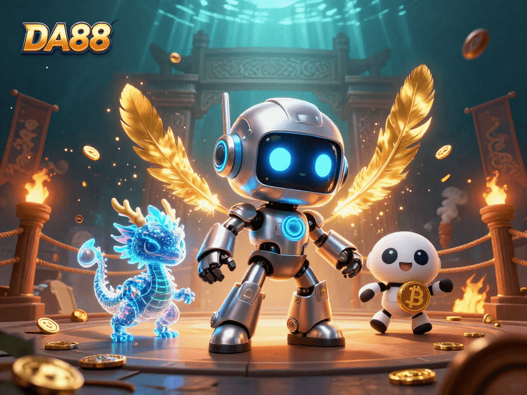 Witness DA88's thrilling gaming action with a vibrant cyberpunk robot and holographic companions!