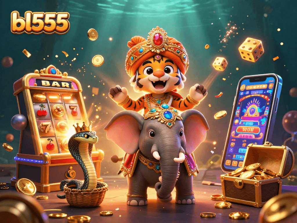Experience the thrill at bl555 with a vibrant 3D casino scene featuring a playful maharaja tiger.