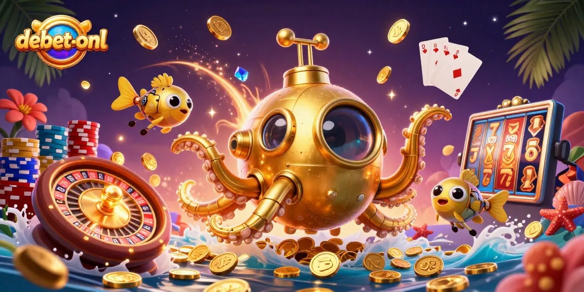 Experience thrilling gameplay with debet-onl featuring a golden kraken submarine amidst sparkling treasures.