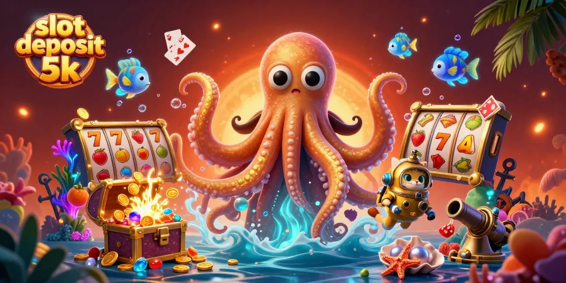 Join the slot deposit 5k adventure with a kraken and diving cat in a vibrant casino scene.