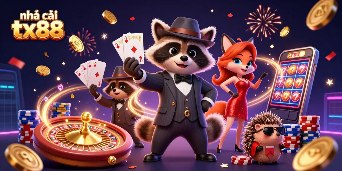 Experience excitement at nhà cái tx88 with a suave raccoon, glamorous fox, and a bouncer in a vibrant casino scene.