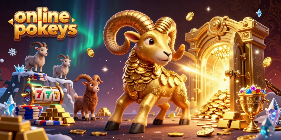 Engaging online pokies scene with golden ram, treasures, and slot elements creating excitement.