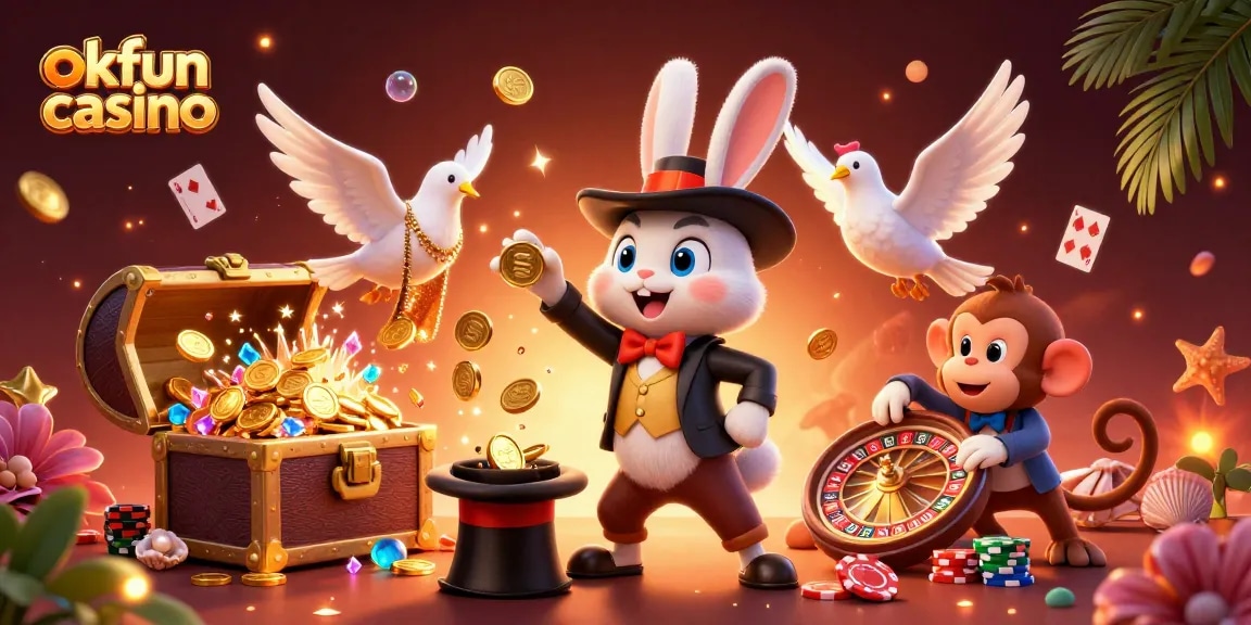 Experience the thrill of okfun casino with golden coins, poker chips, and magical characters.