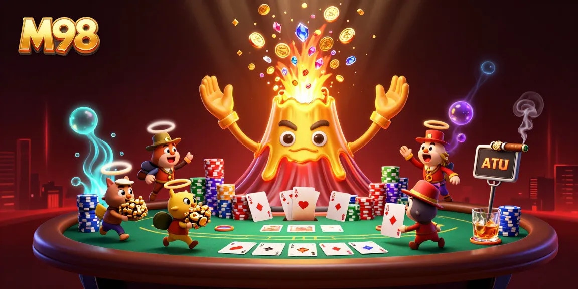 M98 slots featuring vibrant 3D illustration of a victorious golden volcano amidst treasure and poker chips.
