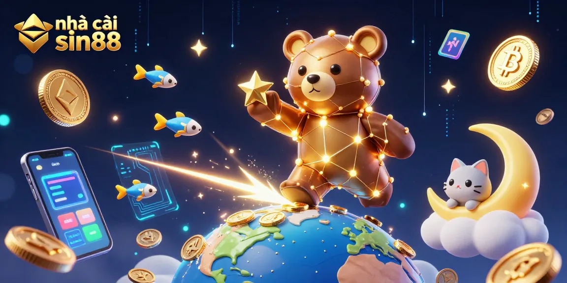 Engage with nhà cái sin88 while enjoying a vibrant 3D digital casino scene filled with crypto elements.