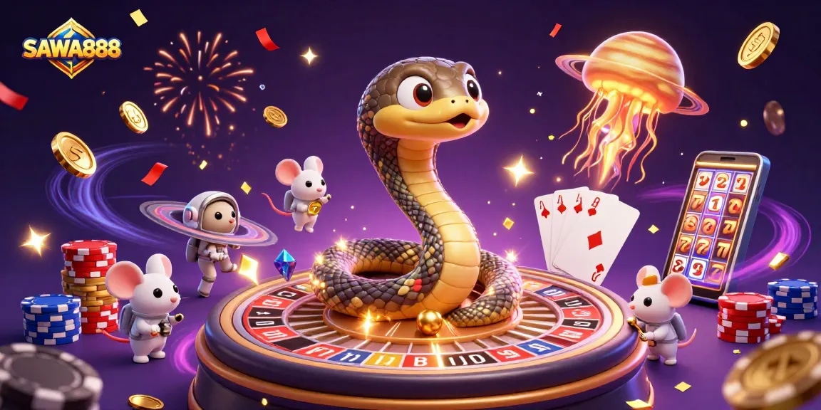 Experience thrilling gaming with SAWA888, where a cosmic dealer guides your bets among vibrant casino elements.