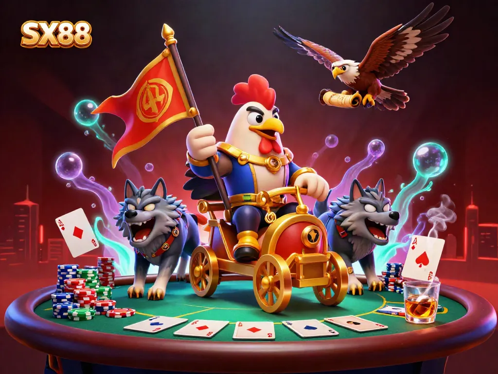 SX88 rooster warlord commands a vibrant casino scene showcasing poker elements and high-stakes excitement.