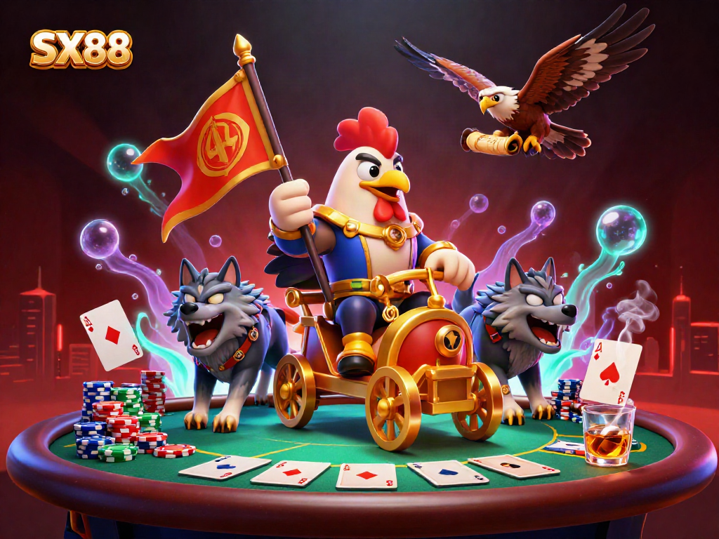 SX88 rooster warlord commands a vibrant casino scene showcasing poker elements and high-stakes excitement.