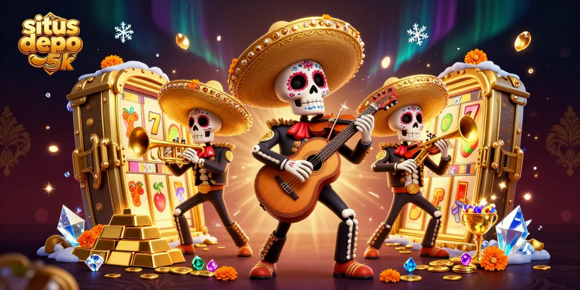 Spin to win big with situs depo 5k, featuring a vibrant mariachi band and casino treasures.