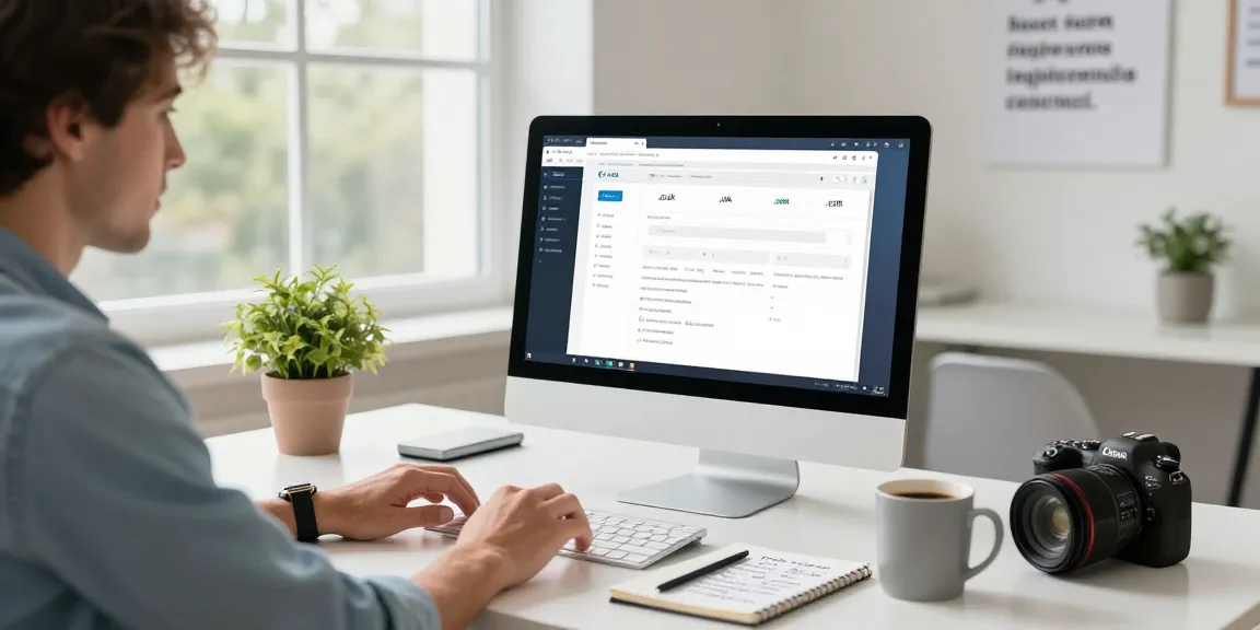 Entrepreneur searching to buy domain name on a computer in a modern workspace.