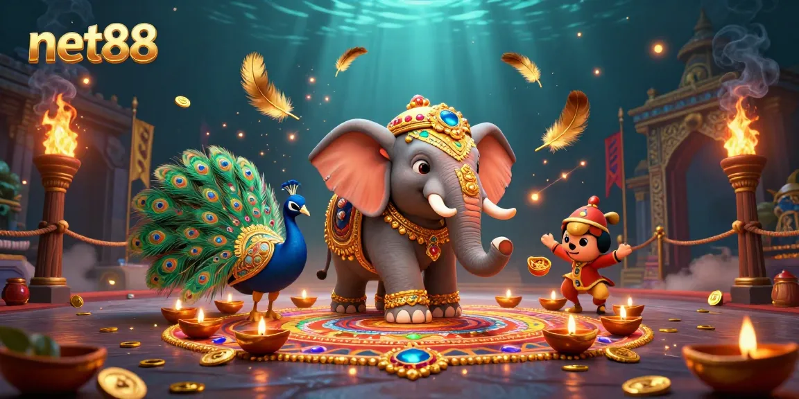 Experience the captivating world of net88 with an extraordinary illustration of a vibrant casino scene, showcasing an elephant and peacock.