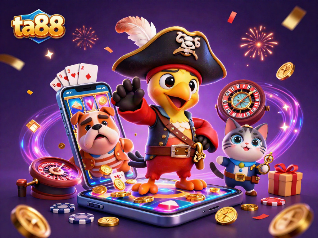 Experience thrilling casino adventures with ta88's charming pirate-themed gaming illustration.