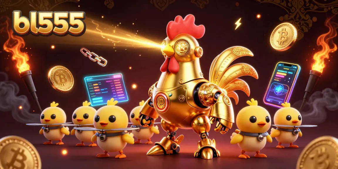 Engage with bl555's thrilling gaming scene featuring a golden rooster robot and crypto elements.