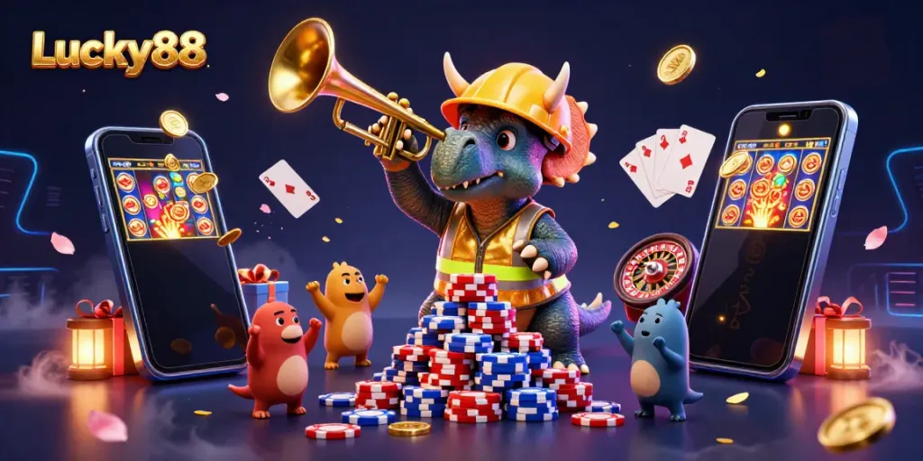Experience a vibrant Lucky88 casino scene with playful characters building poker chips, set in a rich, lively atmosphere.