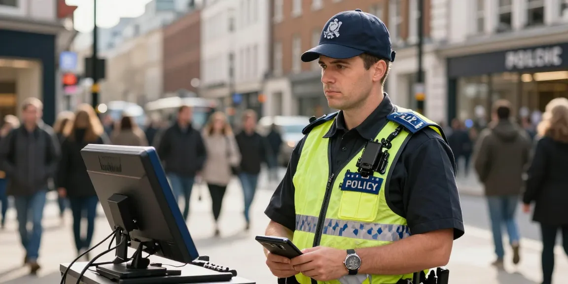 Security Solutions: Professional guard actively monitoring urban London area, demonstrating trust and community protection.