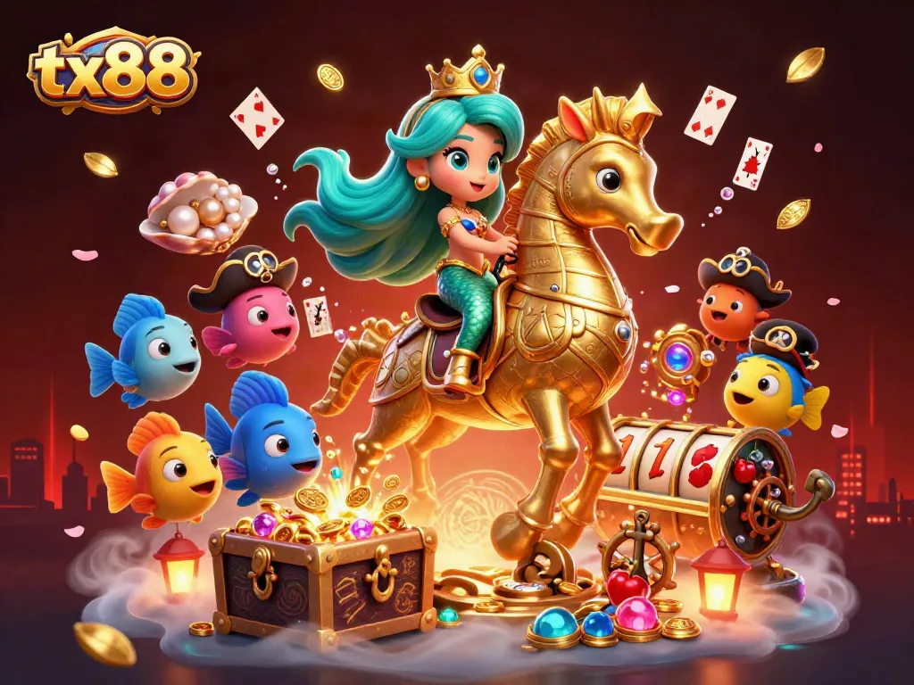 Experience the excitement of tx88 with a vibrant 3D scene featuring a mermaid and golden treasures.
