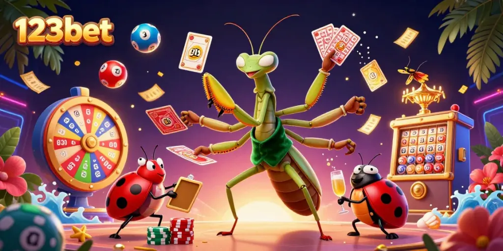Engage in thrilling games at 123bet with vibrant casino elements and fun characters.