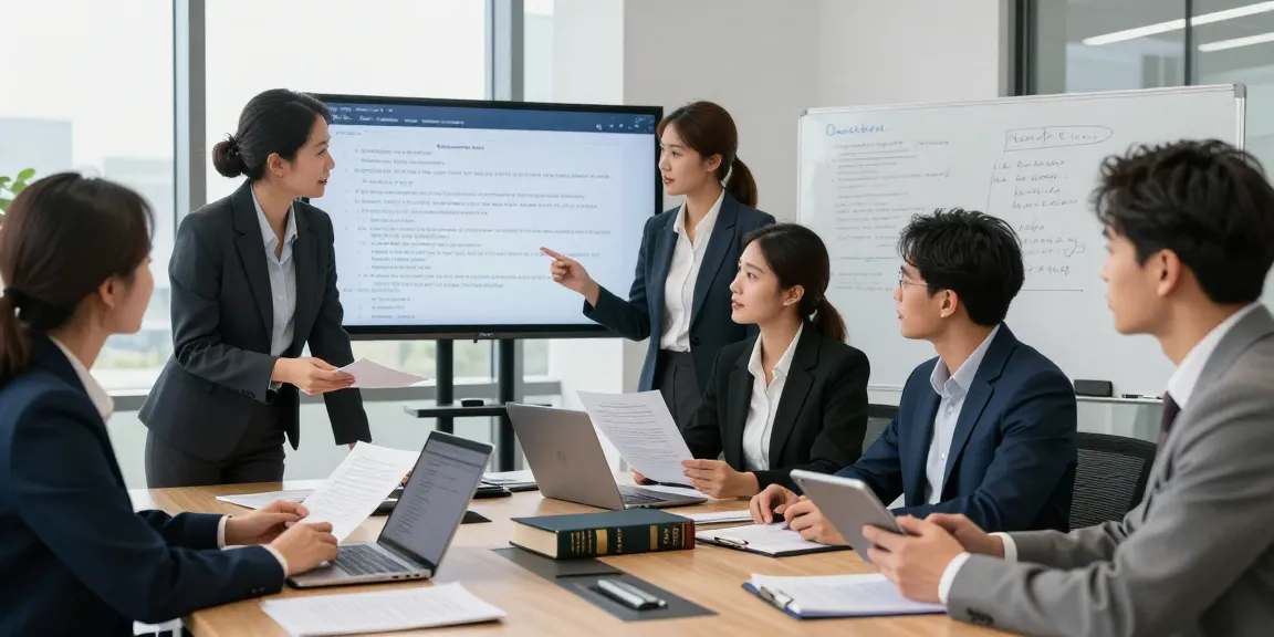 Legal professionals collaborating at a modern office, showcasing strategies for a company website.
