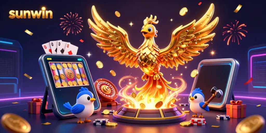 Experience the thrilling sunwin gaming adventure with a golden phoenix and casino elements.