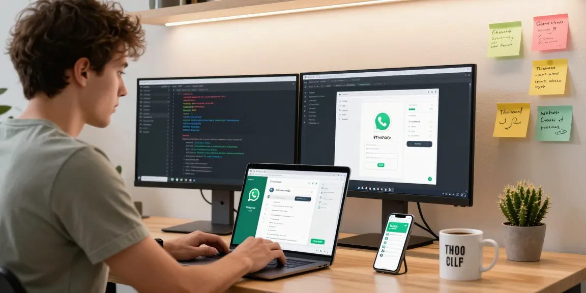 WhatsApp下載 app development workspace with a developer coding features and using mobile devices in a modern setting.