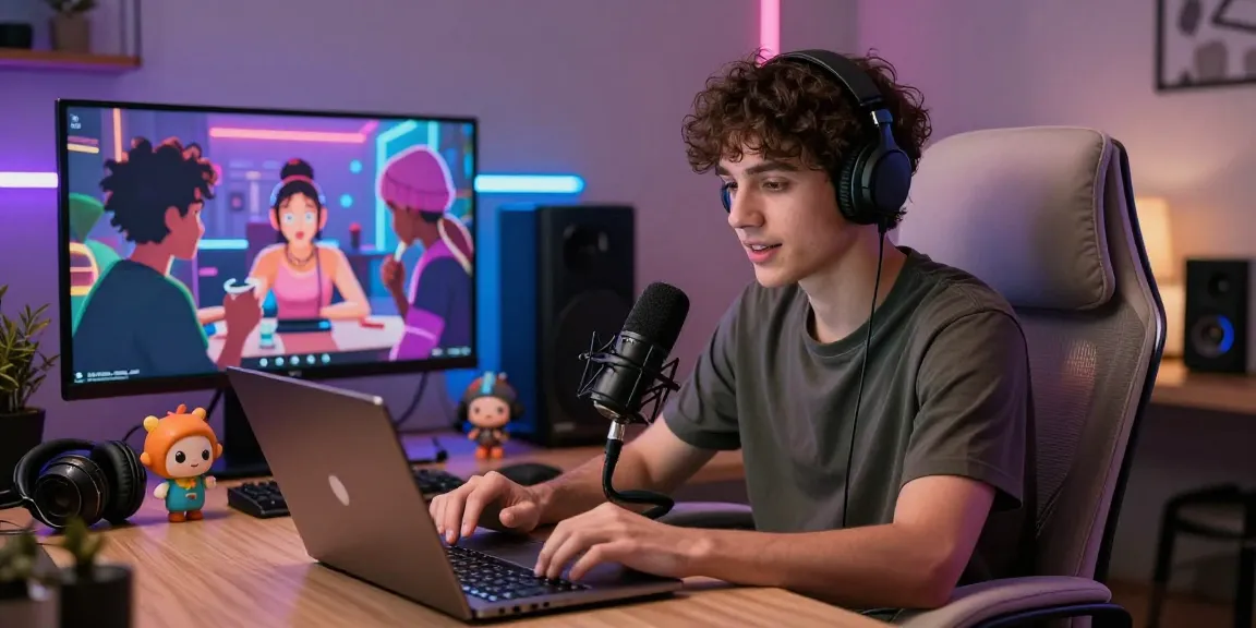 Engaging NSFW chat scene with a user interacting joyfully on a laptop, showcasing modern workspace elements.