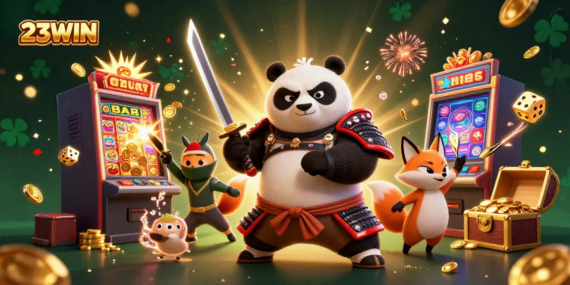 Experience thrilling gaming action with 23WIN's vibrant casino scene featuring samurai panda, ninja fox, and treasure challenge.