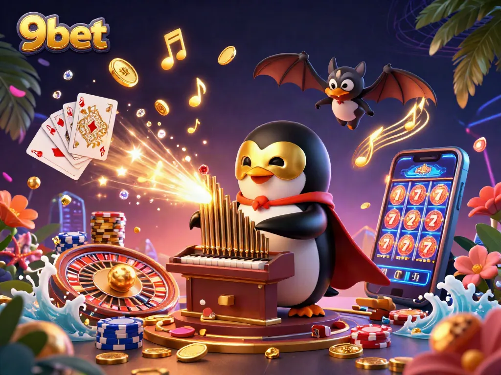 Engage with 9bet's vibrant casino scene showcasing 3D cartoon characters celebrating victories with flying coins and slot machines.