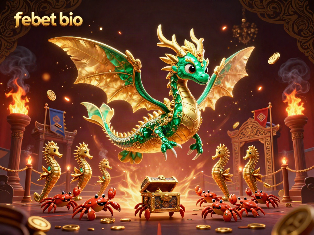 Engage with febet bio as you explore a vibrant 3D dragon-themed casino scene filled with golden treasures.