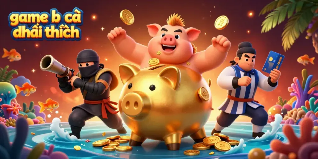 Engage in game bắn cá đổi thưởng with vibrant underwater scene featuring characters and gold coins.