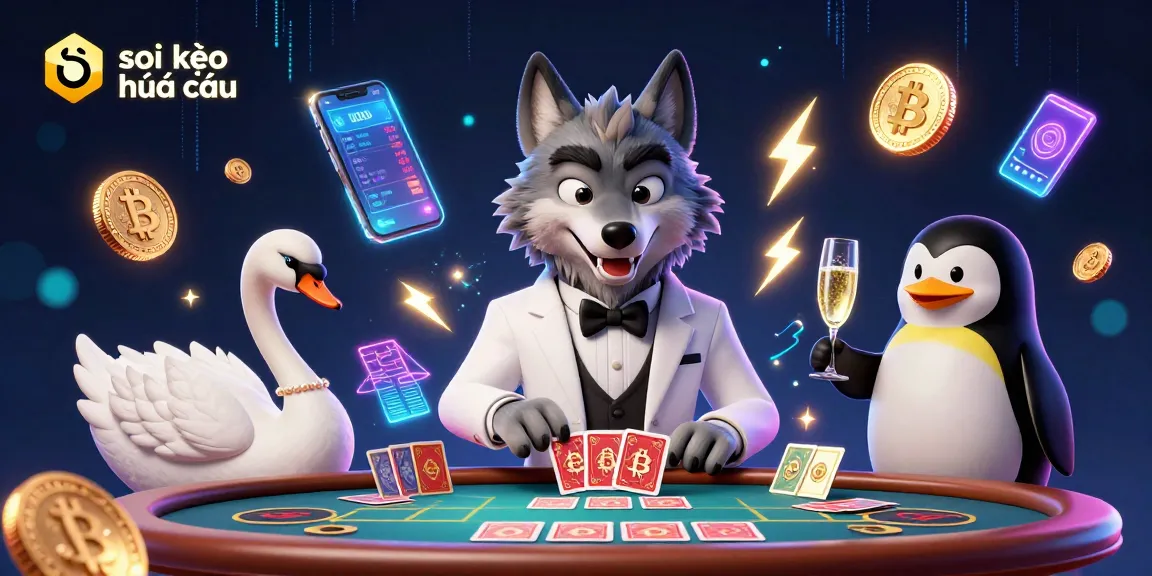 Soi kèo nhà cái represented through a lively gambling scene with a debonair wolf and elegant swan in a 3D casino atmosphere