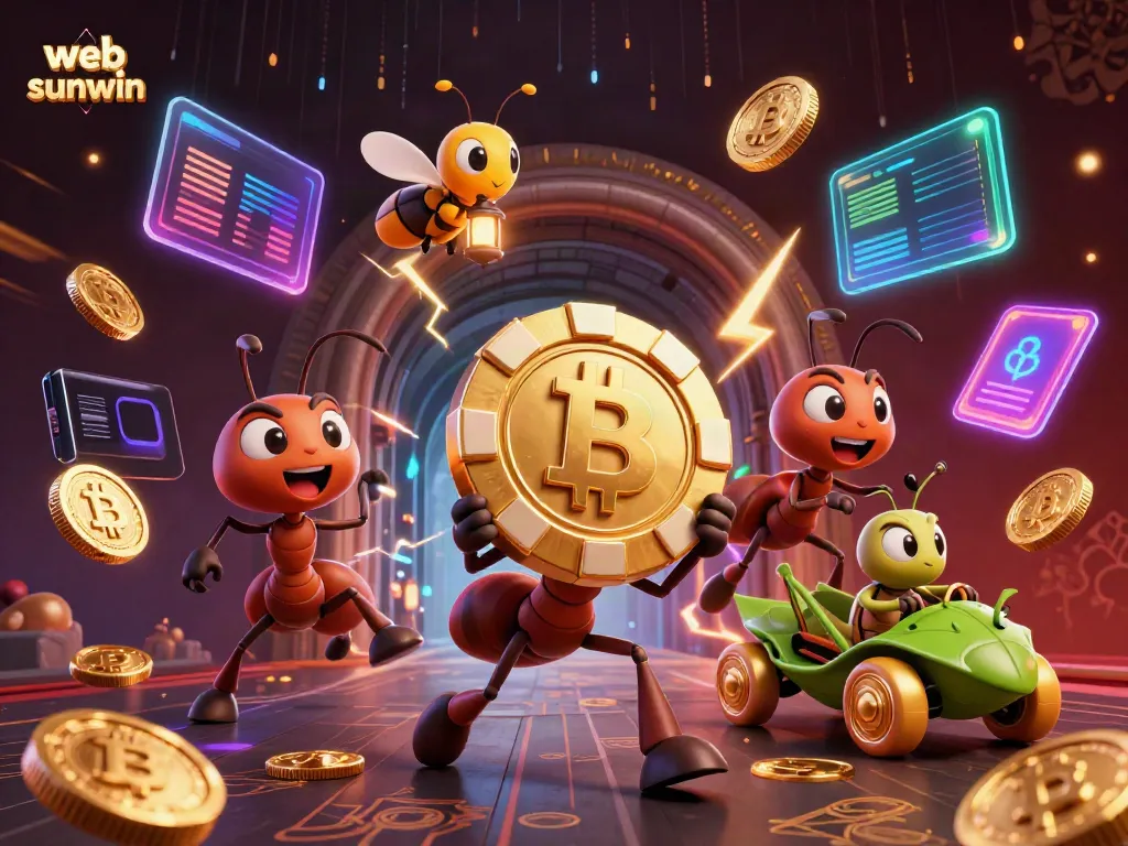 Catching a glimpse of exciting gameplay with web sunwin, dynamic cartoon ants heist in a vibrant casino setting.