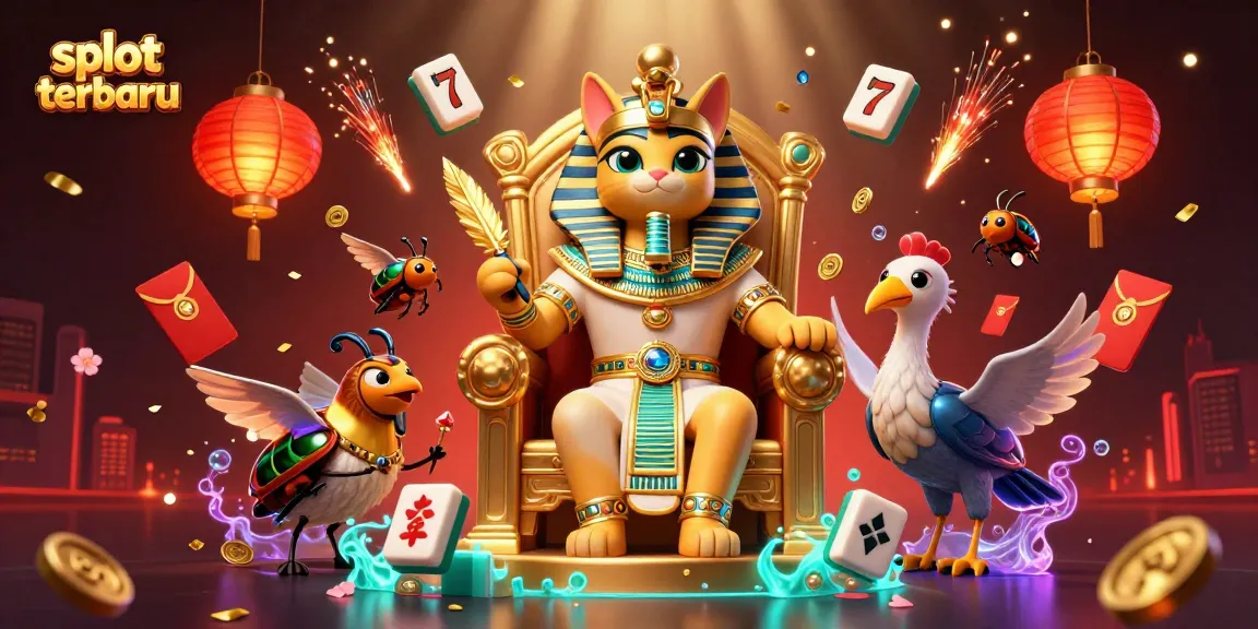 Experience slot terbaru through vibrant Egyptian-themed characters surrounded by casino elements.