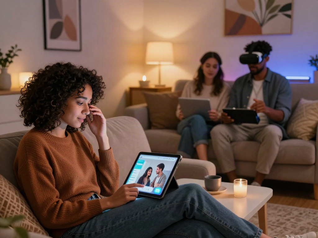 Couples exploring ai sex technologies for enhancing relationships in cozy settings.