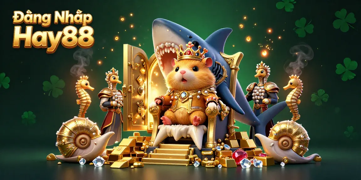 Engage in the exhilarating world of Đăng Nhập Hay88 with a vibrant 3D illustration featuring a golden hamster king amidst treasures.