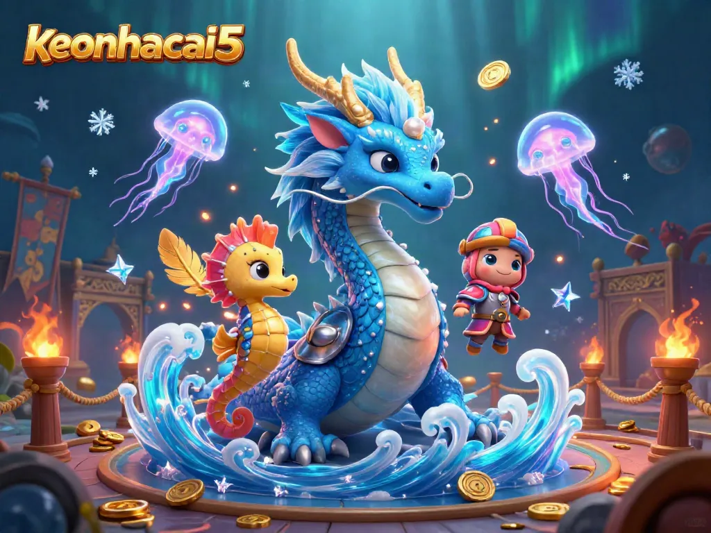 Experience thrilling action with keonhacai5's colorful dragon and knight in an underwater casino scene.